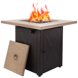 28inch Outdoor Gas Fire Pit Table ; 48; 000 BTU; Square Outdside Propane Patio Firetable; ETL Certification; Bionic Wood Grain Lid; for Backyard; Gard