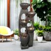 39 Inches 5-Tier Outdoor Water Fountain - Modern Resin Floor-Standing Fountain with Warm LED Illuminated Waterfall for Patio Garden Yard