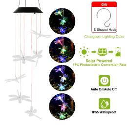 Solar Powered Dragonfly Lights Wind Chimes LED Color Changing Hanging Wind Lamp Waterproof Decorative Night Lamp (Color: Multi-Color)