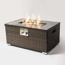 Outdoor Fire Table Propane Fire Pit Rattan gas fire table; gas fire table with tile tabletop (Color: As Pic)