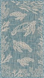 Home Decor Coastal Bordered Coral Reef Indoor/Outdoor Accent Rug (Color: Aqua|White, Size: 1'10" X 3'0")