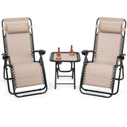 Pool Garden Patio Portable Zero Gravity Folding Reclining Lounge Chairs Table 3 Pieces Set (Color: Beige)