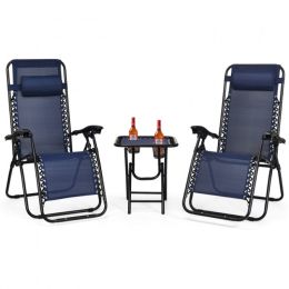 Pool Garden Patio Portable Zero Gravity Folding Reclining Lounge Chairs Table 3 Pieces Set (Color: Navy)