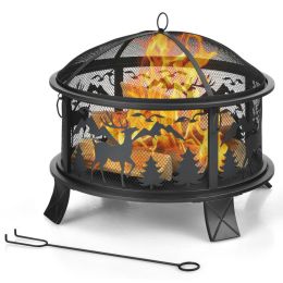 Outddor Patio Garden Beach Camping Bonfire Party Fire Pit With BBQ Grill (Color: Black A, Size: 26")