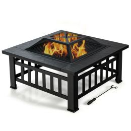 Outddor Patio Garden Beach Camping Bonfire Party Fire Pit With BBQ Grill (Color: Black, Size: 32")