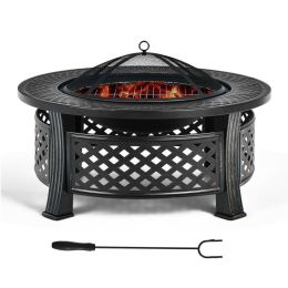 Outddor Patio Garden Beach Camping Bonfire Party Fire Pit With BBQ Grill (Color: Black A, Size: 32")