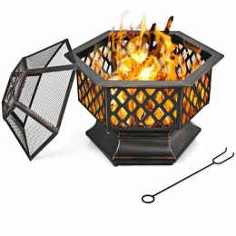 Outddor Patio Garden Beach Camping Bonfire Party Fire Pit With BBQ Grill (Color: Black, Size: 26")