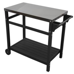 Outdoor Prep Dining Table; Movable Pizza Oven Stand;  Stainless Steel Patio Bar Cart; Patio Grilling Backyard BBQ Grill Cart (Color: Black)